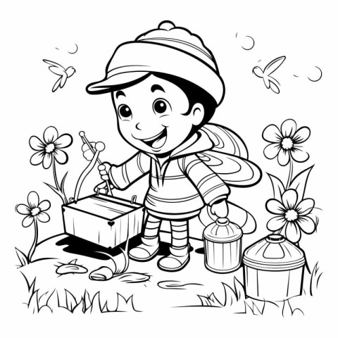 Black and White Cartoon Illustration of Cute Little Boy Picking