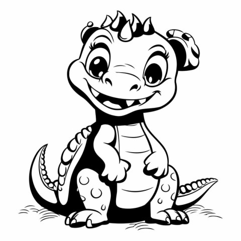 Cute Dinosaur - Black and White Cartoon Illustration. Isolated O