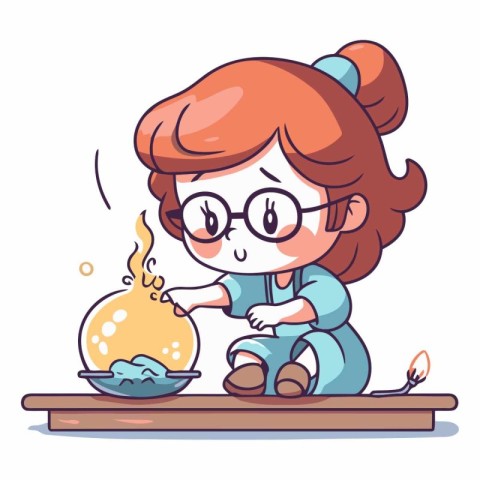 Girl making a fire in the kitchen. Vector cartoon character illu