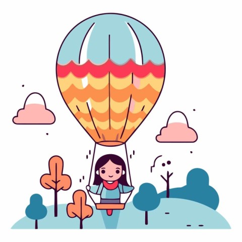 Cute little girl flying in hot air balloon.