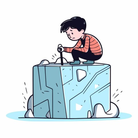 Boy playing video games on ice cube in cartoon style.