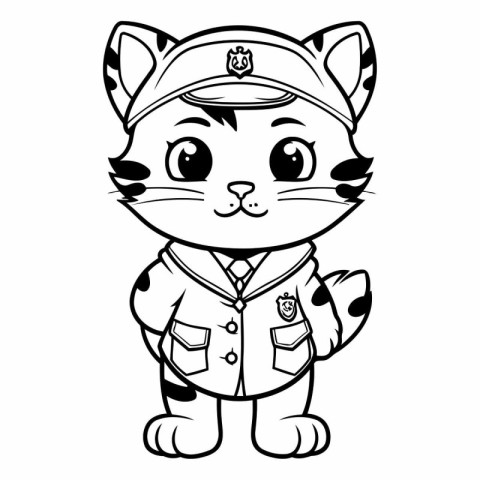 Black and White Cartoon Illustration of Cat Police Officer Chara