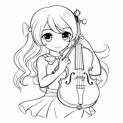 Cute little girl playing the violin. Black and white vector illu