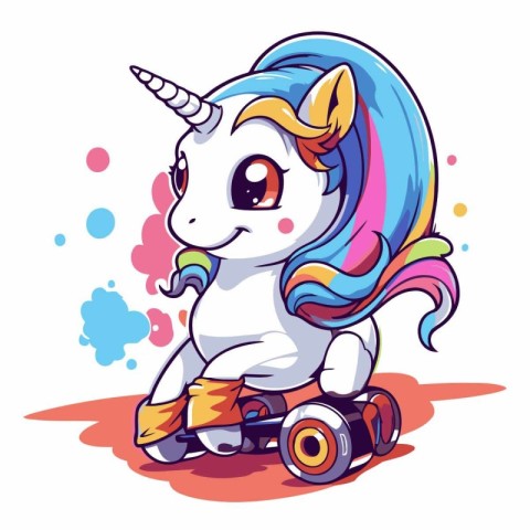 Unicorn riding on a skateboard. Cartoon vector illustration.