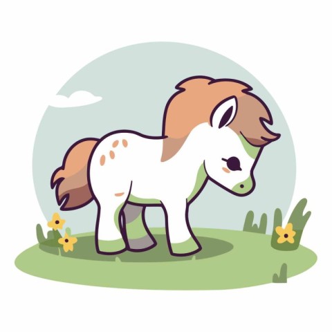 Cute pony on the meadow in cartoon style.