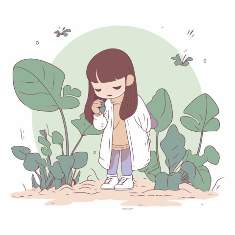 Cute little girl in the garden in cartoon style.