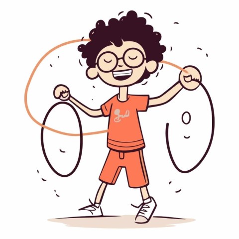 Cute boy jumping with skipping rope in cartoon style.