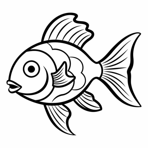 Black and White Cartoon Illustration of a Cute Fish Animal Chara