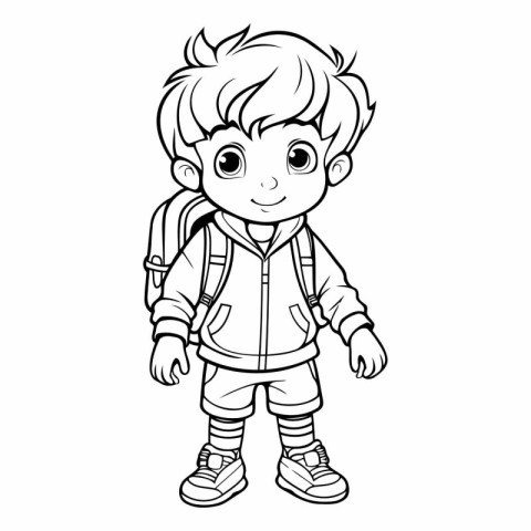 Cute boy with backpack for coloring book. Cartoon style.