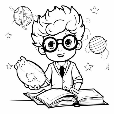 Black and White Cartoon Illustration of Kid Boy Studying or Lear