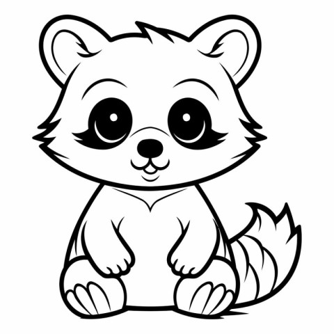 Cute Little Raccoon - Black and White Cartoon Illustration. Vect