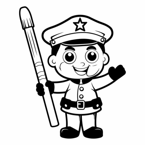 Cartoon Policeman Character - Black and White Illustration. Vect