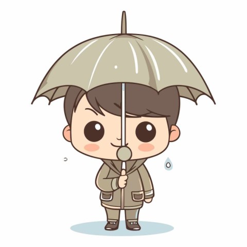 Cute boy with umbrella and raincoat. Cute cartoon vector illustr