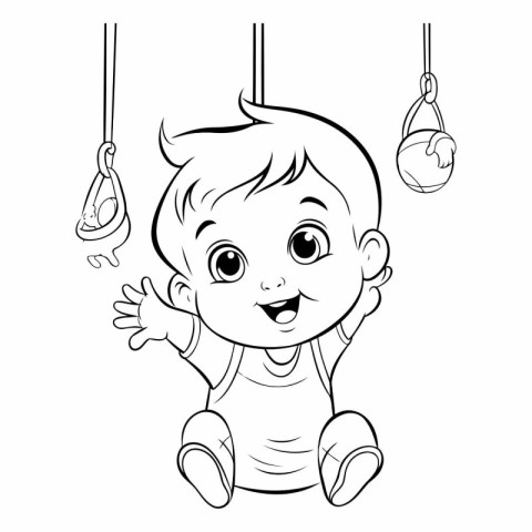 Cute baby boy swinging on a swing. Black and white vector illust