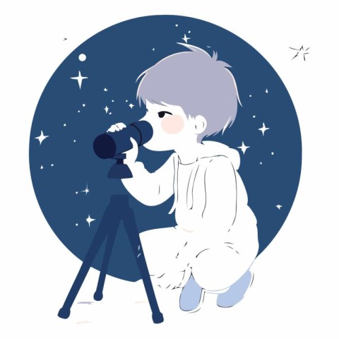 Cute little boy with telescope in cartoon style.