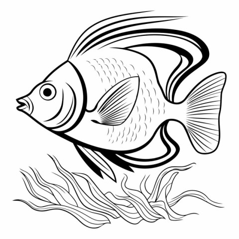 Black and white vector illustration of a fish swimming in the se