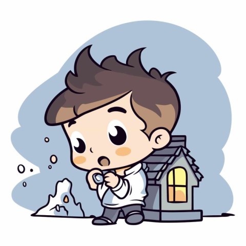 Boy with a magnifying glass and a house.