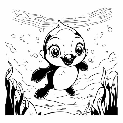 Cute baby penguin in the sea for coloring book