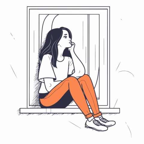 Sad girl sitting on the window in sketch style.