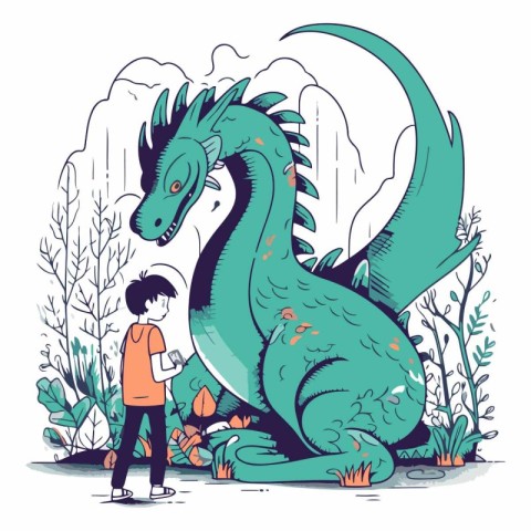 Vector illustration of a boy and a green dragon in a park.