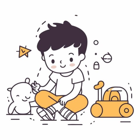 Cute little boy playing with toys in line style.