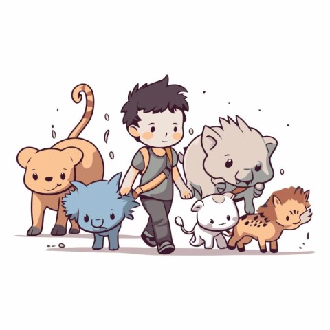 Vector illustration of a little boy with a group of wild animals