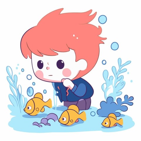 Little boy and fish in the pond of a cartoon character.