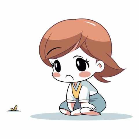 Sad little boy sitting and looking at butterfly. Vector cartoon