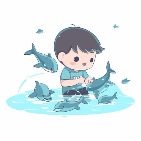 Cute boy playing with dolphins in the sea.