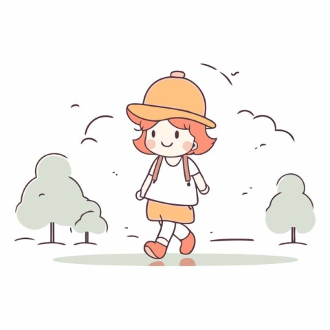 Girl walking in the park. Cute cartoon character.