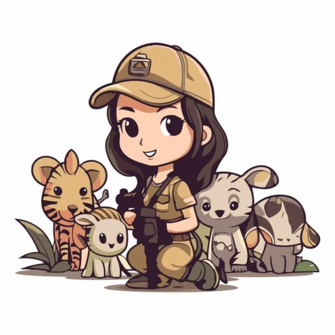 Cute girl with a group of wild animals.