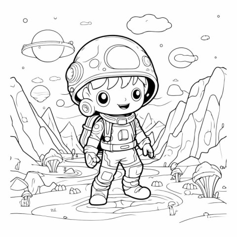 Cute astronaut girl in space suit and helmet. Coloring book for