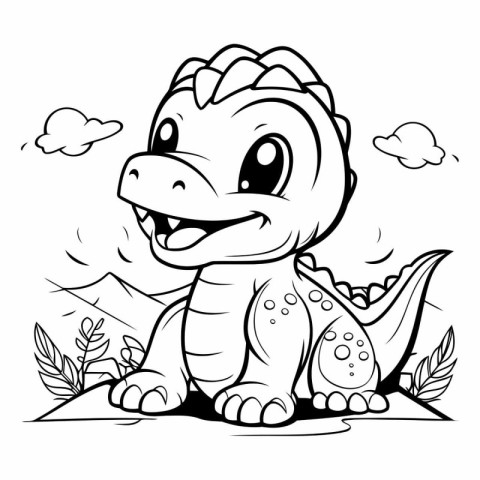 Black and White Cartoon Illustration of Cute Dinosaur Animal Cha