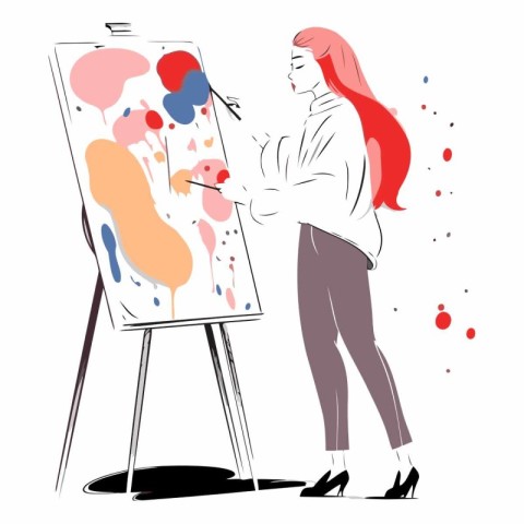 Young woman painting a picture on easel. Hand drawn vector illus