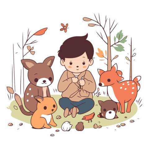 Cute little boy and animals in the forest.