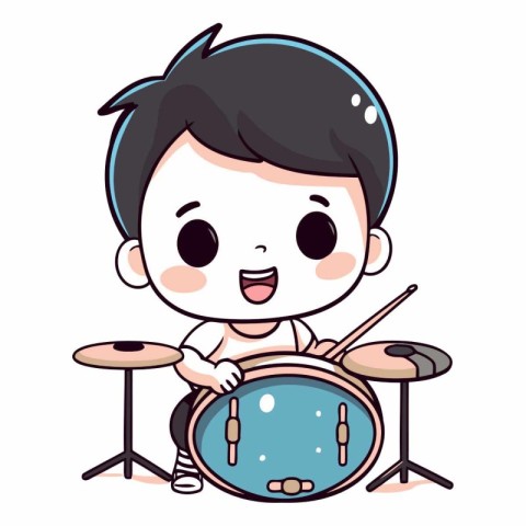 Cute boy playing drum set on white background.