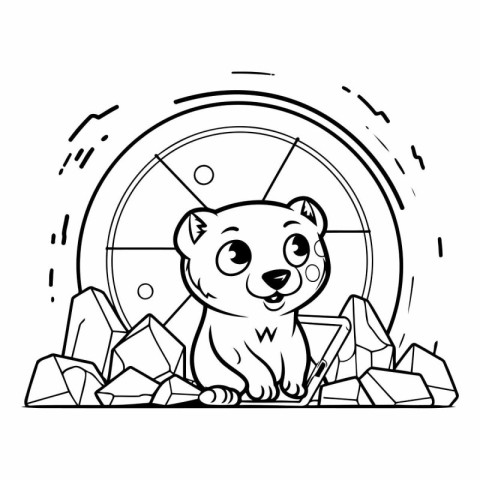 Cute bear cartoon with precious stones. Black and white vector i