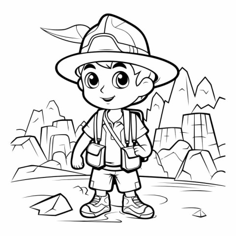 Black and White Cartoon Illustration of Kid Boy Traveler or Camp