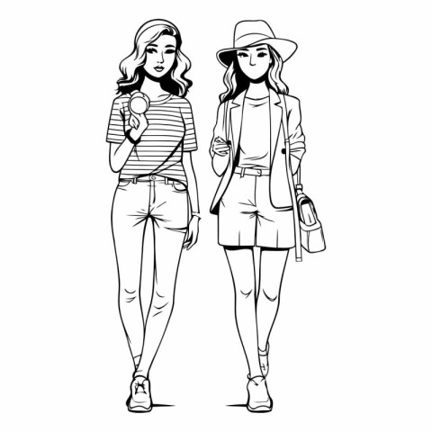 Vector illustration of two beautiful girls in casual clothes wal