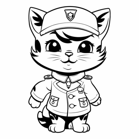 Black and White Cartoon Illustration of Cute Cat Police Officer