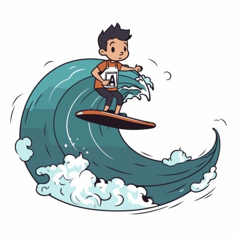 Surfer with a smartphone on the wave. Cartoon vector illustratio