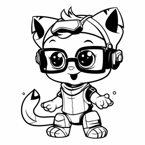 Black And White Cartoon Illustration of Cute Little Cat Fantasy