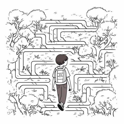 Boy with backpack walking through a maze graphic design.