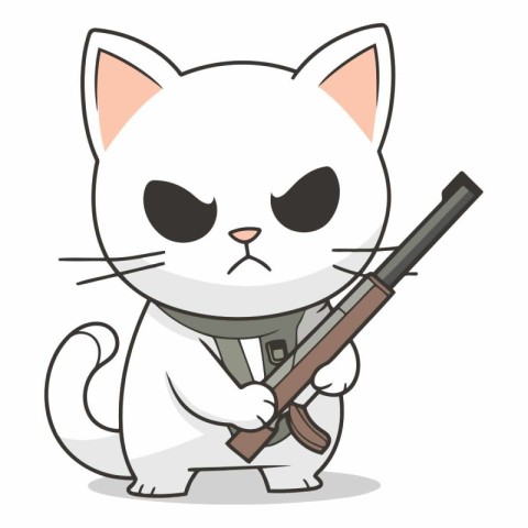 Cute cat with rifle character cartoon vector illustration. Cat w