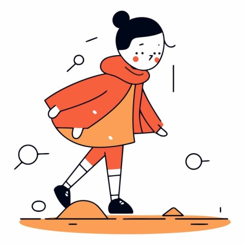 Girl in warm clothes walking on the road. Flat vector illustrati