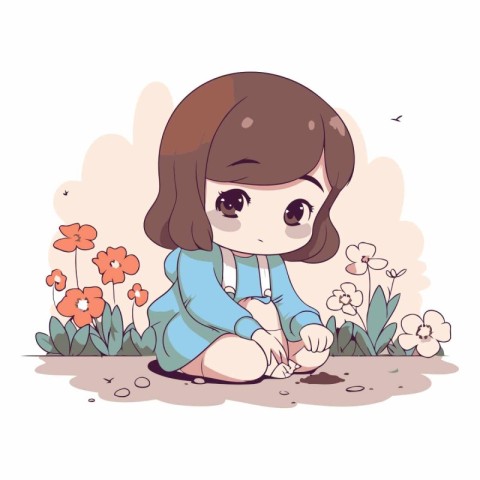 Cute little girl sitting on the ground with flowers.