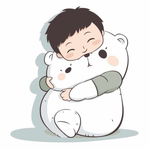 Cute boy hugging a big white polar bear.