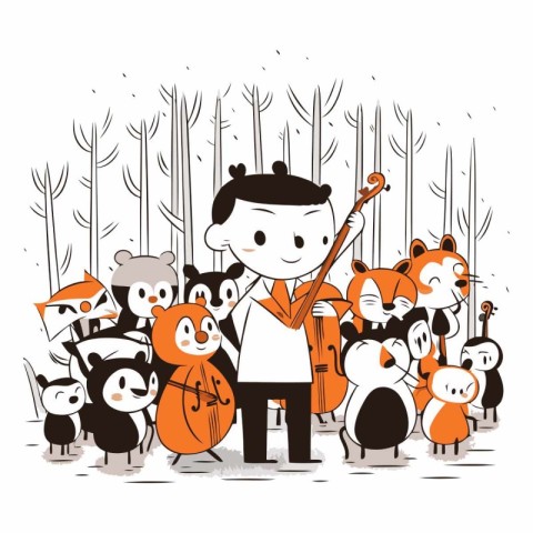 Boy playing guitar with group of animals in the forest.