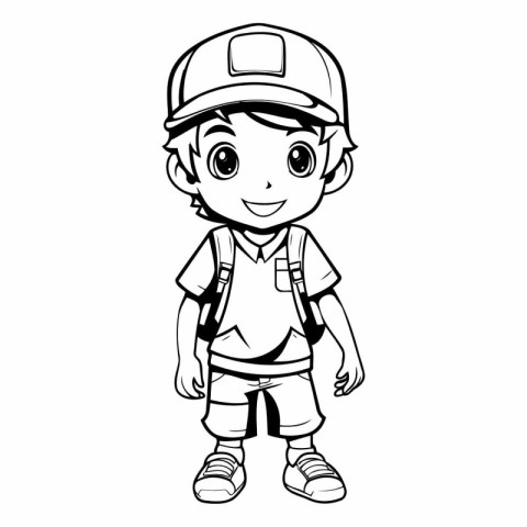 cute boy with backpack and cap on white background