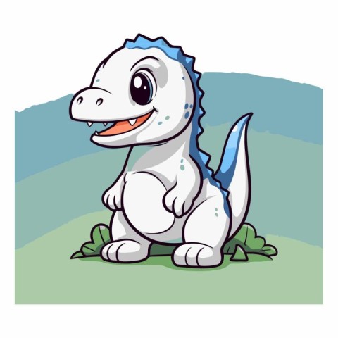 Cute cartoon dinosaur sitting on the grass on white background.